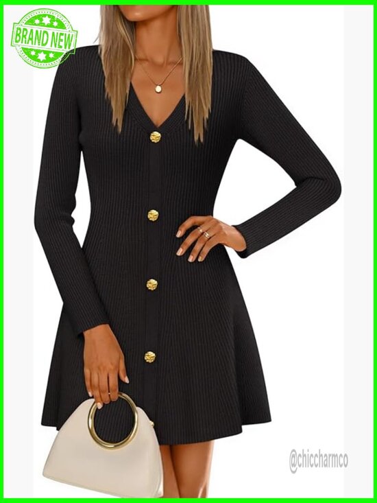 Dresses & Skirts - Long Sleeve V-Neck Ribbed Knit Sweater Dress Mini A-Line Fall Winter